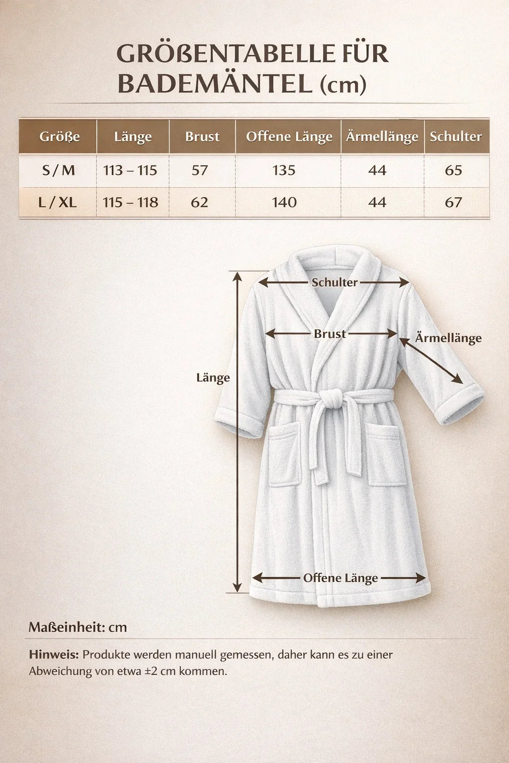 Größentabelle für Bademäntel mit Maßen in cm, zeigt Länge, Brust, Ärmel und Schulter für S/M und L/XL