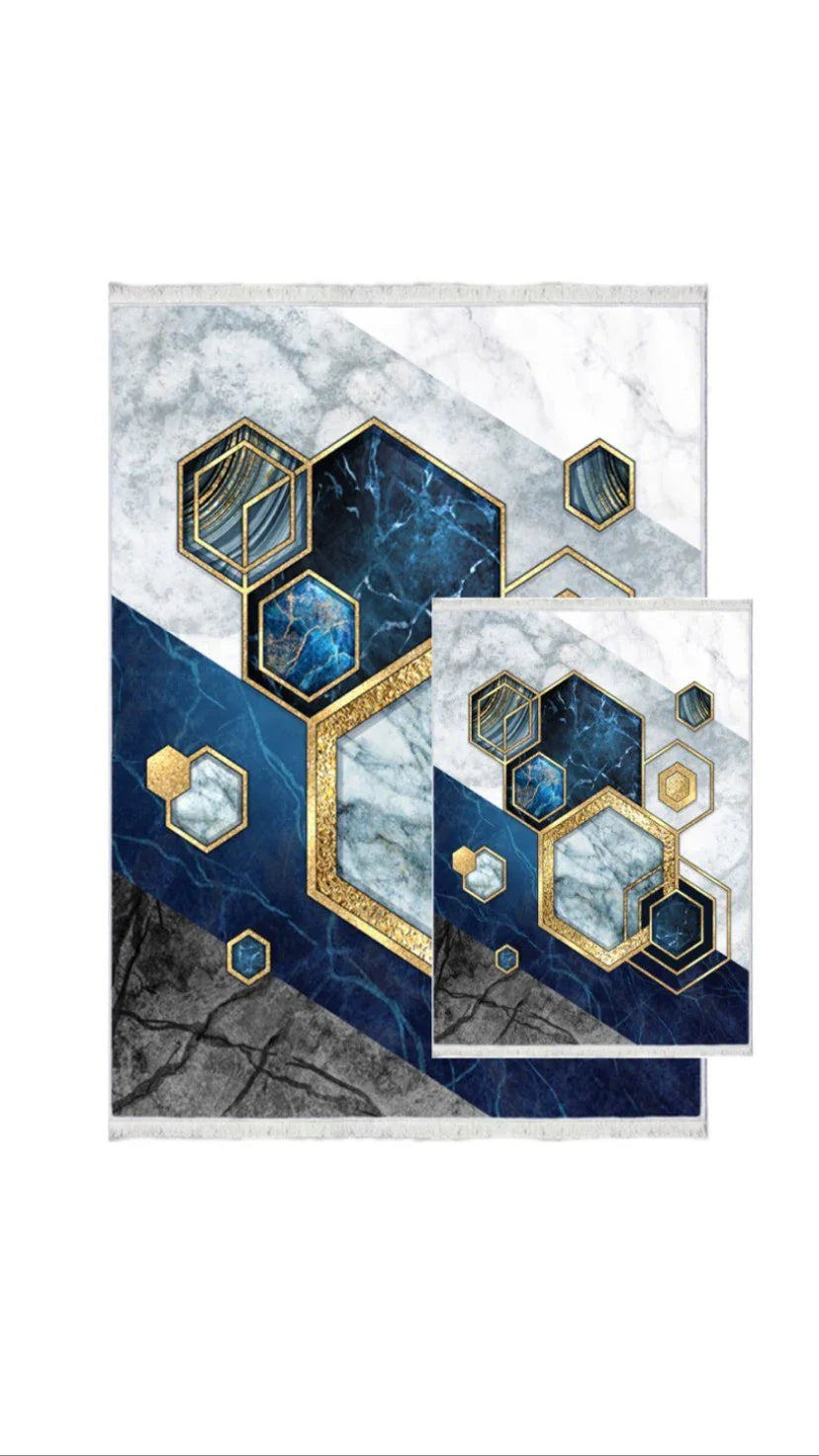 Waschbarer Teppich mit blauem Marmor-Design und goldenen Hexagonen