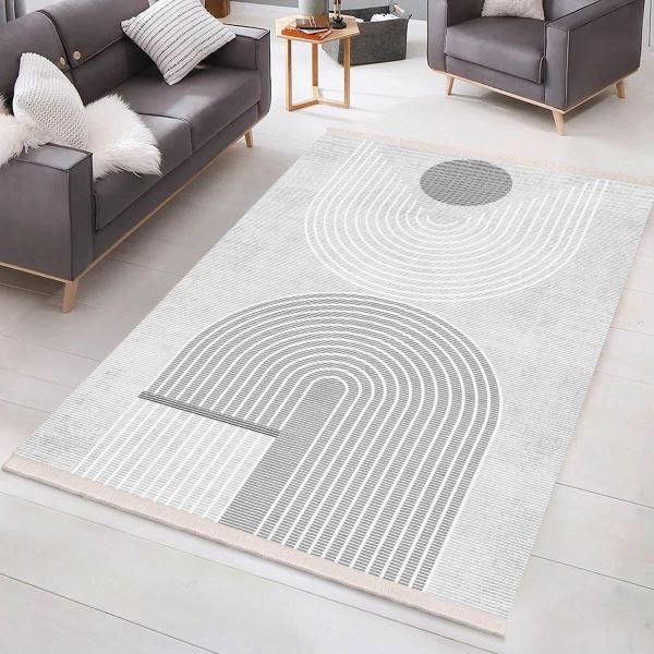 Waschbarer Teppich mit abstraktem Muster in Grau-Weiß, ideal für Wohnzimmer, moderne Bambusteppiche