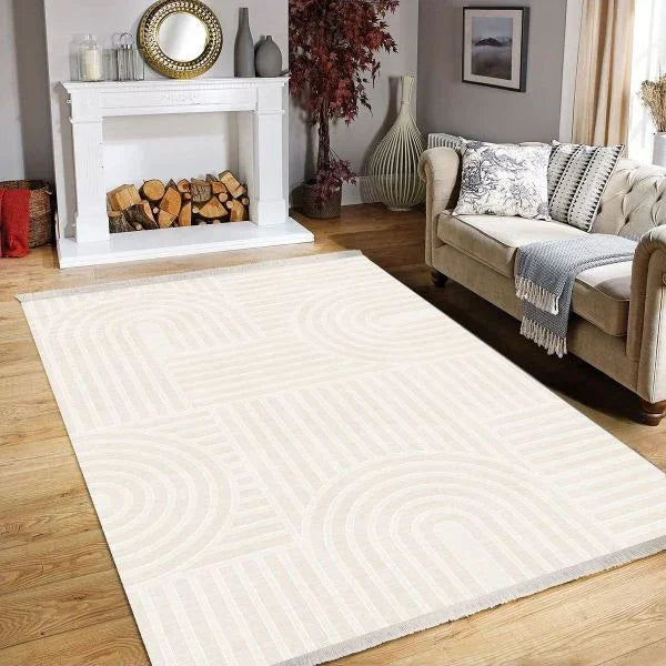 Waschbarer Bambusteppich mit geometrischem Muster im Wohnzimmer, ideal für jede Waschmaschine