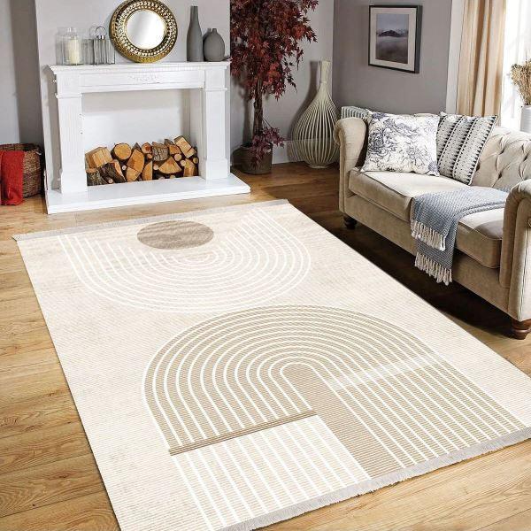 Waschbarer Bambusteppich mit geometrischem Muster im Wohnzimmer, modernes Design, beige-weiß