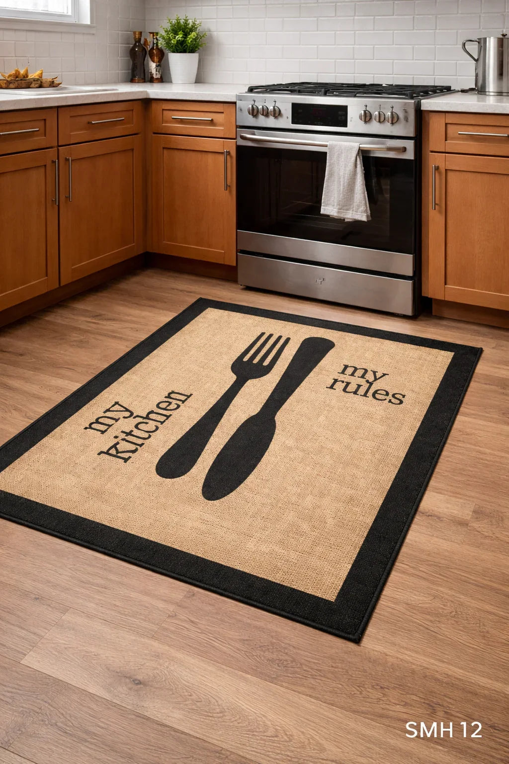 Waschbarer Küchenteppich mit Gabel und Messer Design, 'my kitchen my rules' Aufschrift