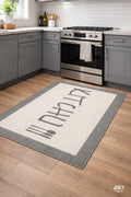 Waschbarer Küchenteppich mit 'KITCHEN'-Schriftzug und Besteck-Motiv, grau-beige, für moderne Küchen
