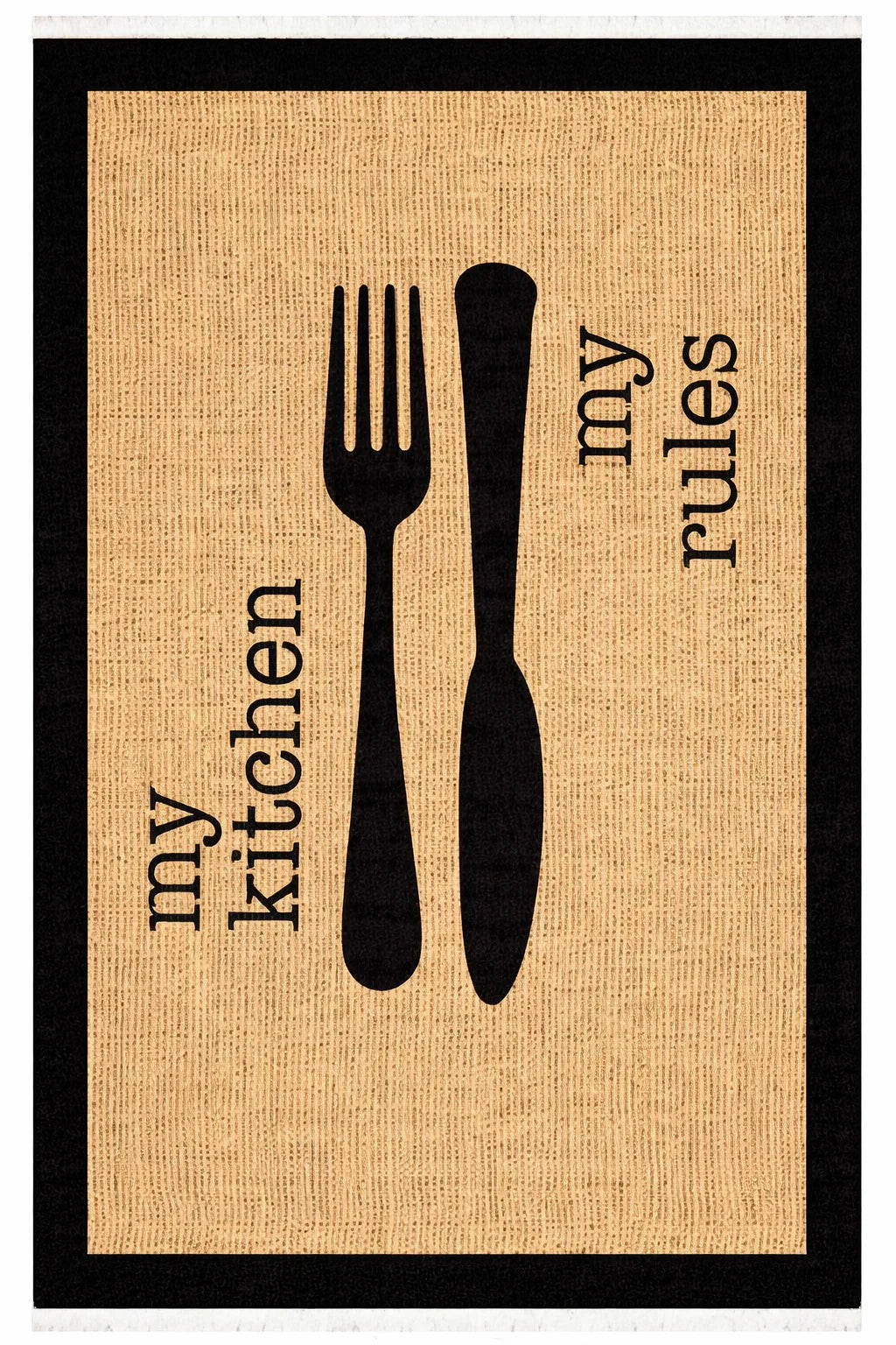 Waschbarer Küchenteppich mit Gabel-Messer-Design und Text 'my kitchen my rules', ideal für moderne Küchen.