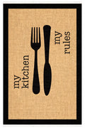 Waschbarer Küchenteppich mit Gabel-Messer-Design und Text 'my kitchen my rules', ideal für moderne Küchen.