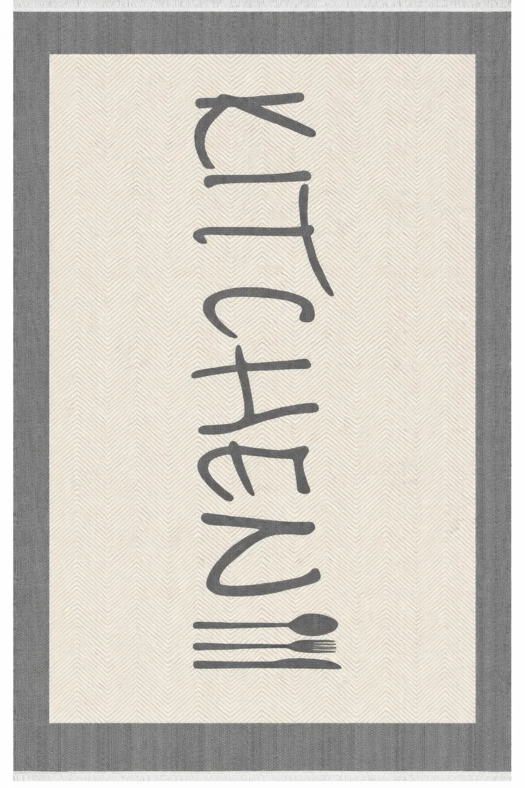 Waschbarer Küchenteppich mit 'KITCHEN'-Schriftzug und Bestecksymbol, grau-beige Herringbone-Muster