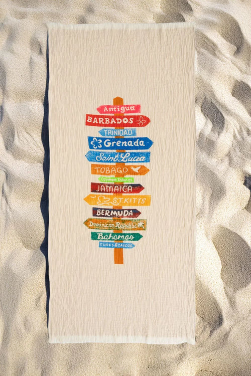 Waschbarer Strandtuch mit Karibik-Schildern, ideal für Strand & Reisen, farbenfrohes Design