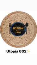Runder Bambusteppich mit 'Breakfast Time'-Design, ideal für moderne Küchen