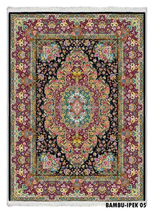 Colorful oriental-style washable rug with intricate floral patterns and fringed edges