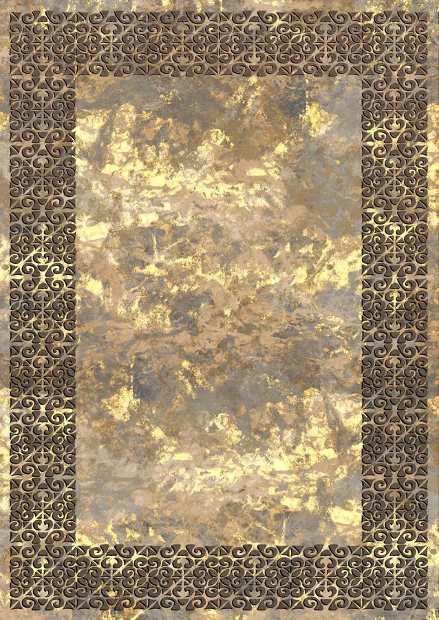 Waschbarer Teppich mit goldbraunem Marmor-Design und dekorativem Bordürenrand, ideal für moderne Wohnräume