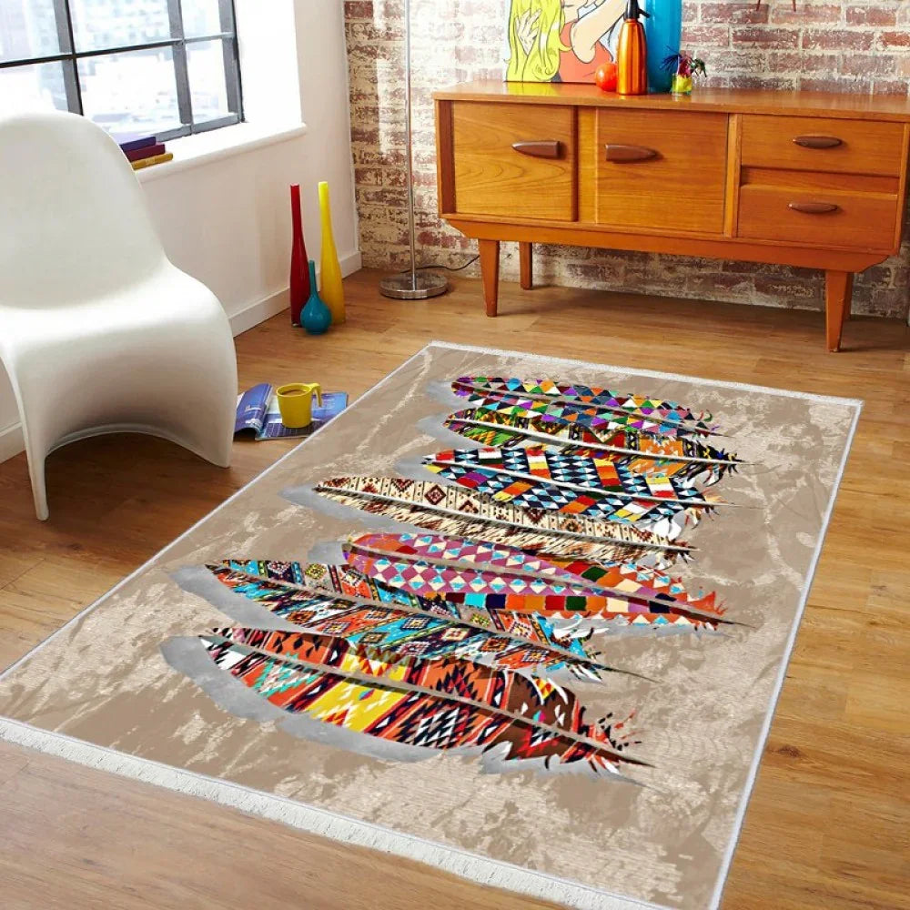 Bunt gemusterter waschbarer Teppich mit Federmotiv, ideal für Wohnzimmer, modernes Design, verschiedene Farben