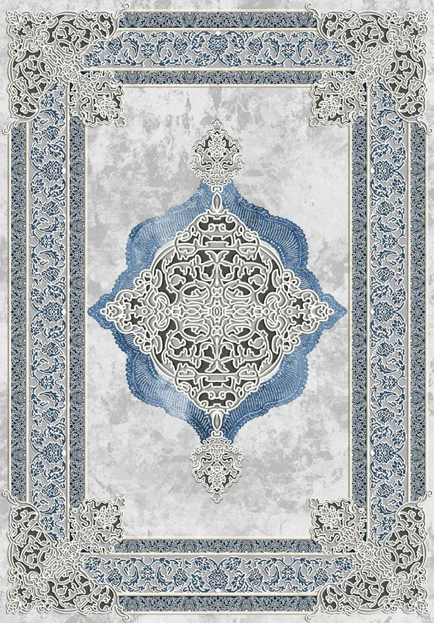 Waschbarer Teppich mit blau-weißem Ornamentdesign, ideal für moderne Wohnräume