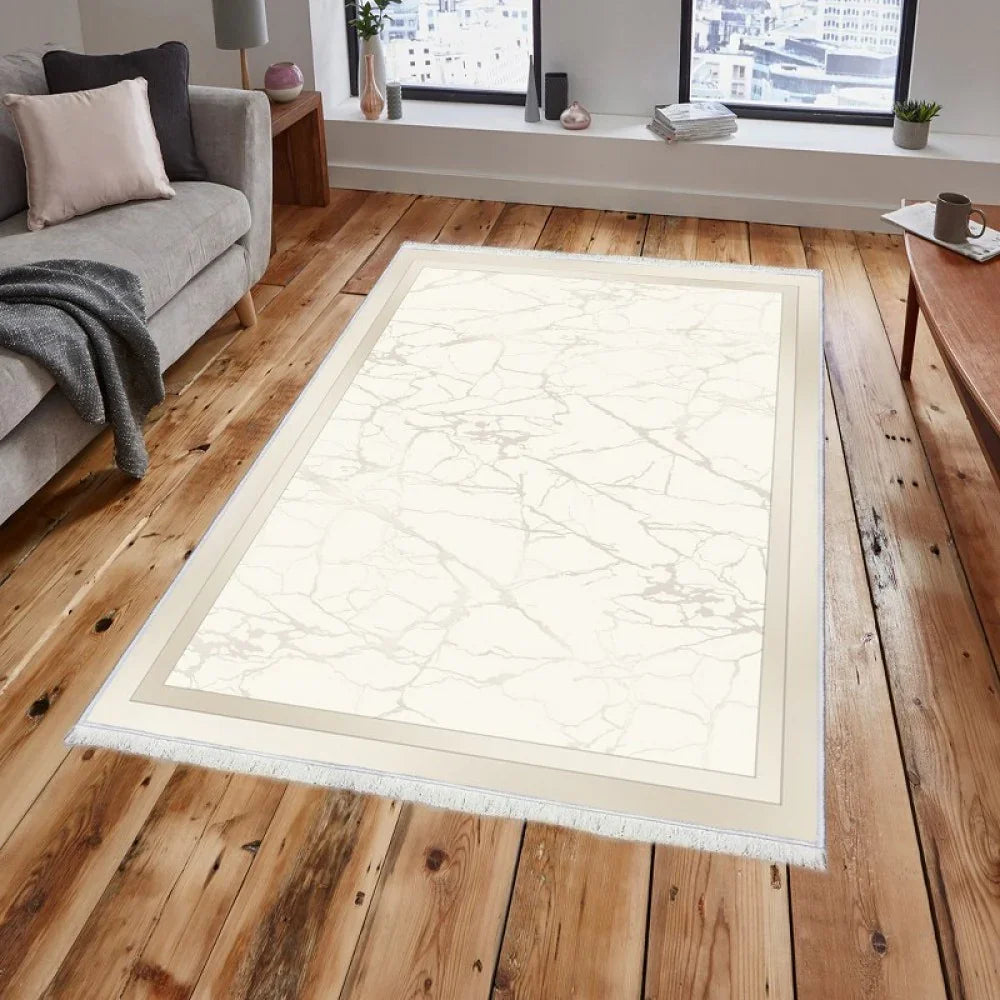 Waschbarer Teppich mit Marmor-Optik und Fransen, ideal für Wohnzimmer auf Holzboden
