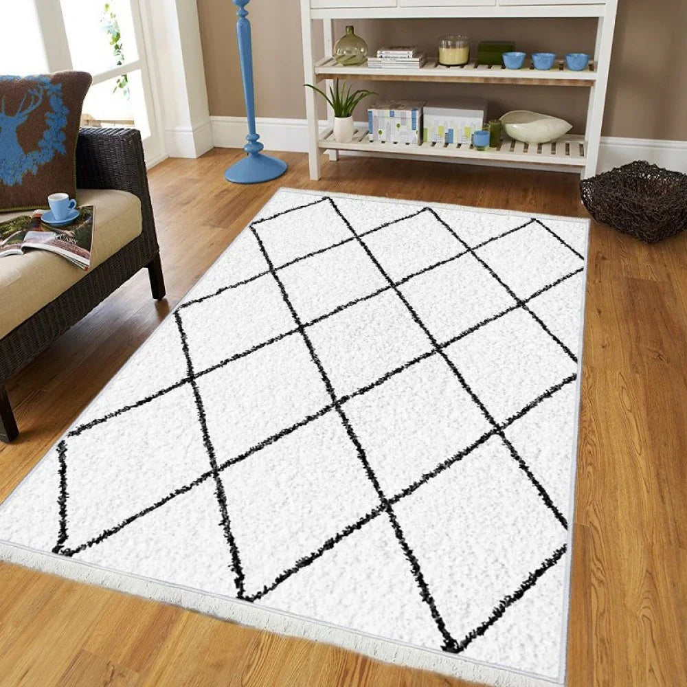 Waschbarer Teppich mit schwarzem Karomuster auf weißem Grund, ideal für Wohnzimmer