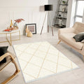 Waschbarer Teppich mit geometrischem Muster, ideal für Wohnzimmer, in cremefarbener Optik mit Fransen