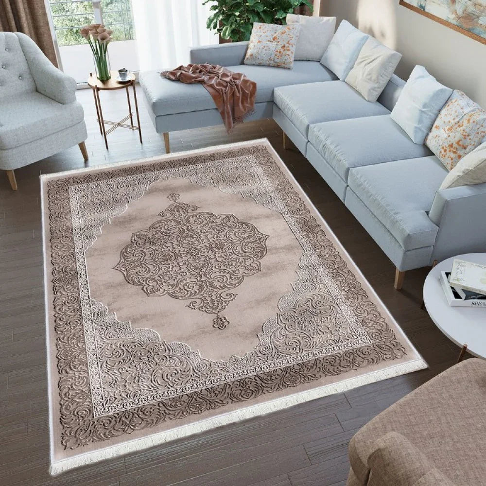 Waschbarer Teppich mit orientalischem Muster, beige-braun, für Wohnzimmer, waschmaschinenfest, moderne Einrichtung