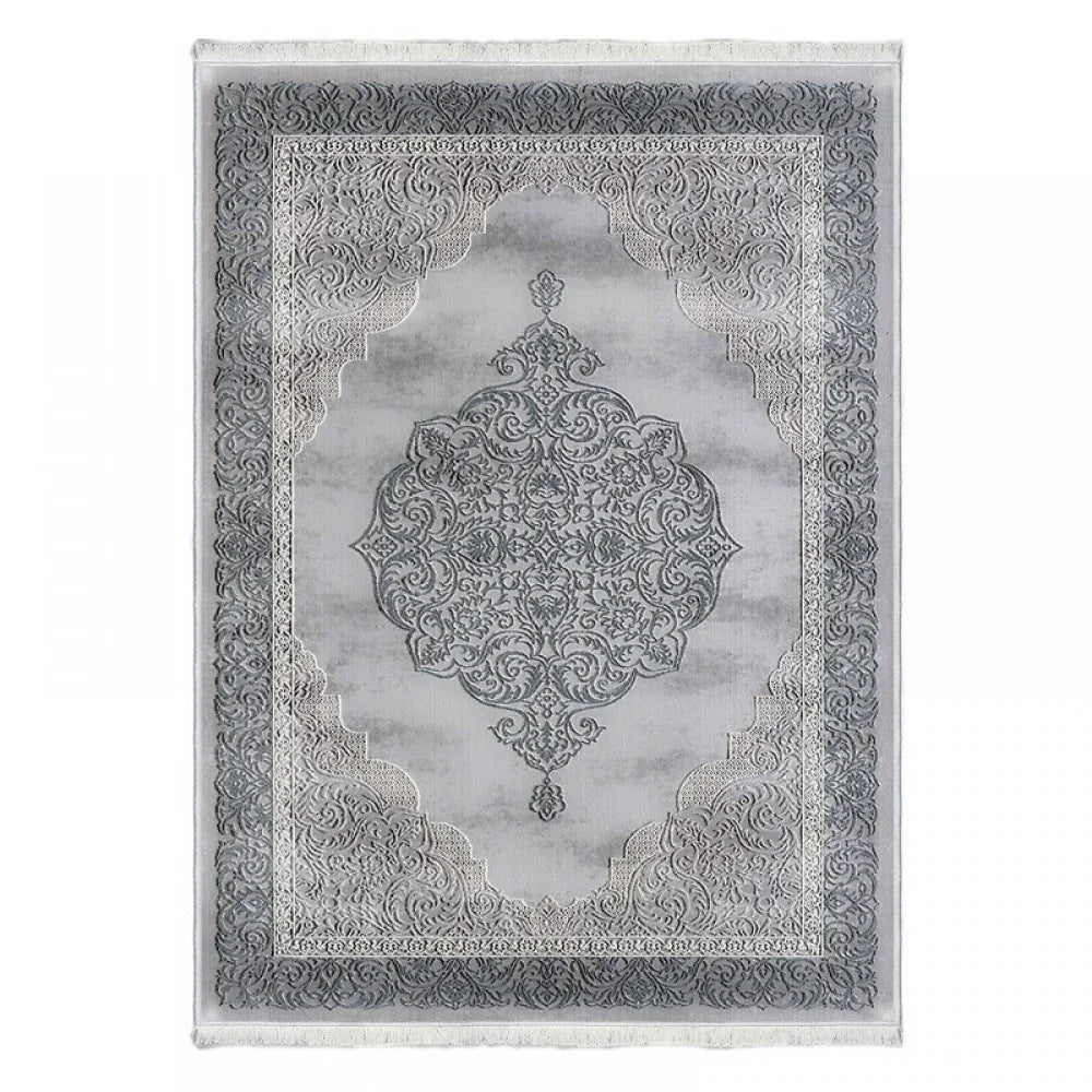 Waschbarer Teppich mit orientalischem Muster in Grau-Weiß, ideal für moderne Wohnräume