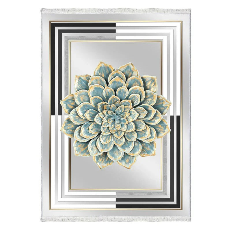 Modern washable rug with large blue and gold flower and geometric border design
