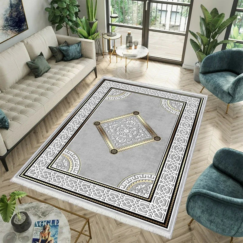 Waschbarer Bambusteppich mit geometrischem Muster, ideal für Wohnzimmer, modernes Design, grau-weiß-gold