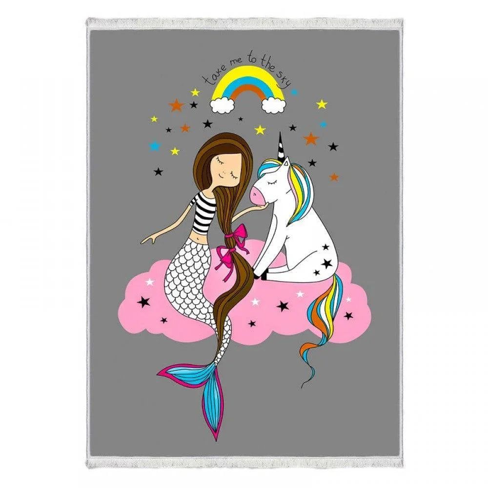 Waschbarer Teppich mit Meerjungfrau und Einhorn auf rosa Wolke, Regenbogen und Sternen
