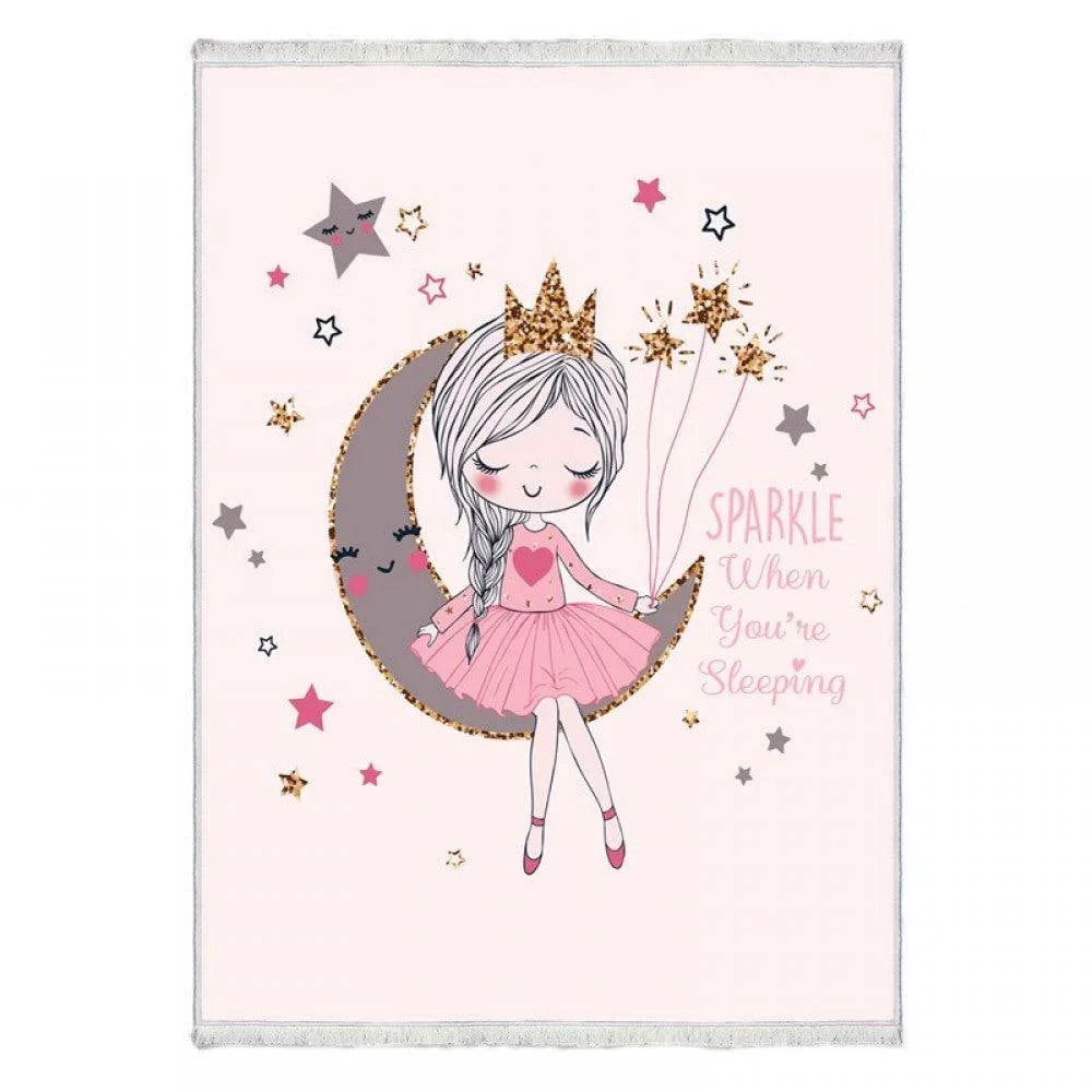 Waschbarer Kinder-Teppich mit Prinzessin, Mond und Sternen, rosa Design, ideal für Kinderzimmer