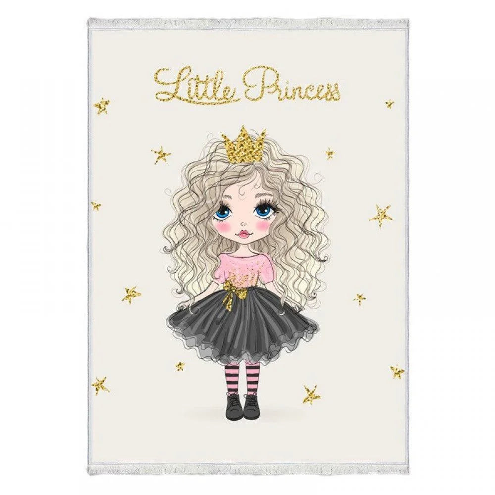 Waschbarer Teppich mit Little Princess Motiv, goldene Sterne, rosa und schwarz
