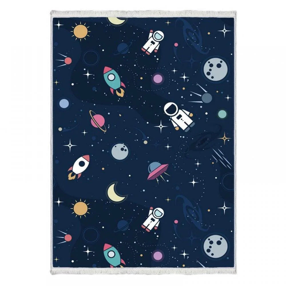 Waschbarer Bambusteppich mit Weltraum-Motiv, Astronauten, Raketen und Planeten auf dunkelblauem Hintergrund