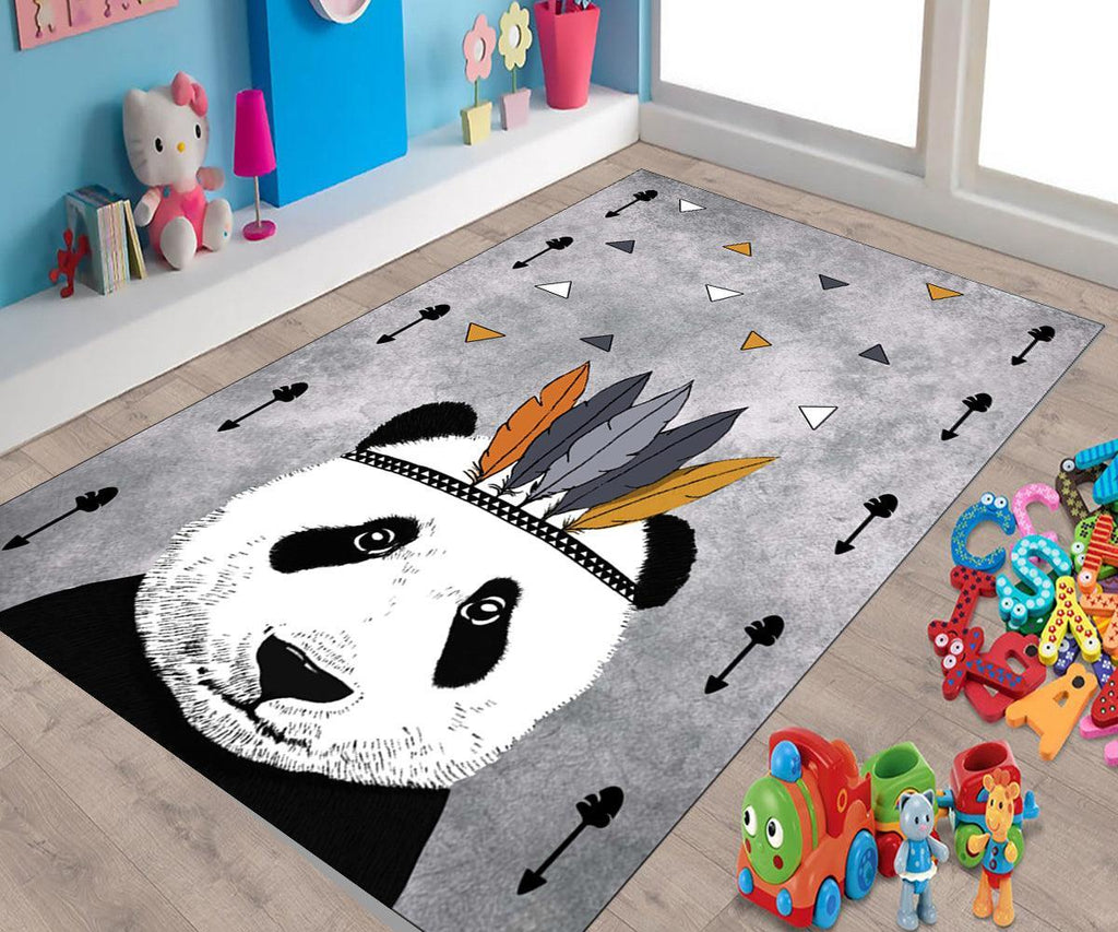 Waschbarer Kinder-Teppich mit Panda und Federn, ideal für Spielzimmer, grau mit bunten Akzenten