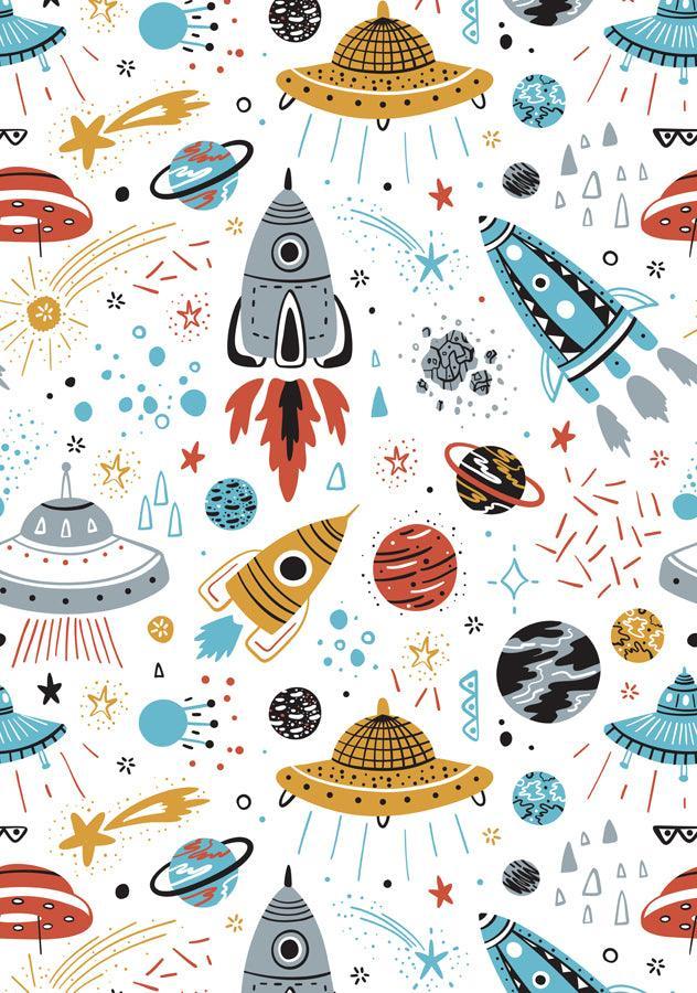 Bunt gemusterter Kinder-Teppich mit Raketen, UFOs und Planeten, waschbar und kinderfreundlich