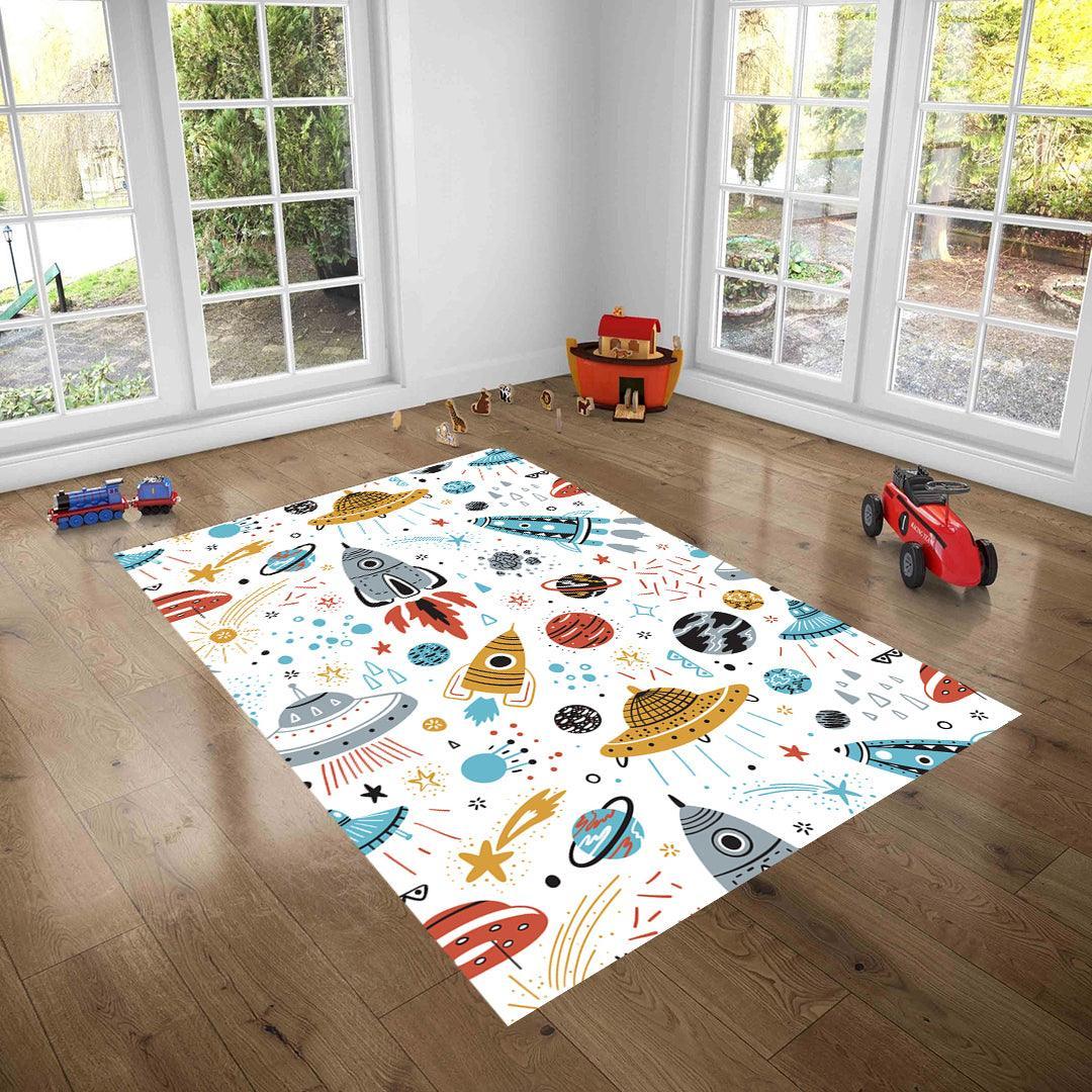 Bunter Kinder-Teppich mit Weltraum-Motiv, waschbar, ideal für Spielzimmer mit Holzboden und Spielzeug