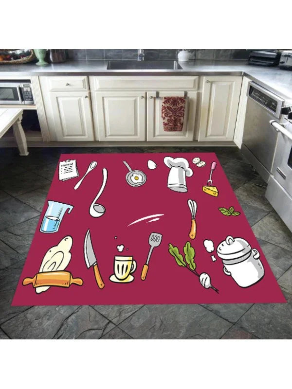 Waschbarer Küchenteppich mit Kochmotiven, rot, für jede Waschmaschine geeignet