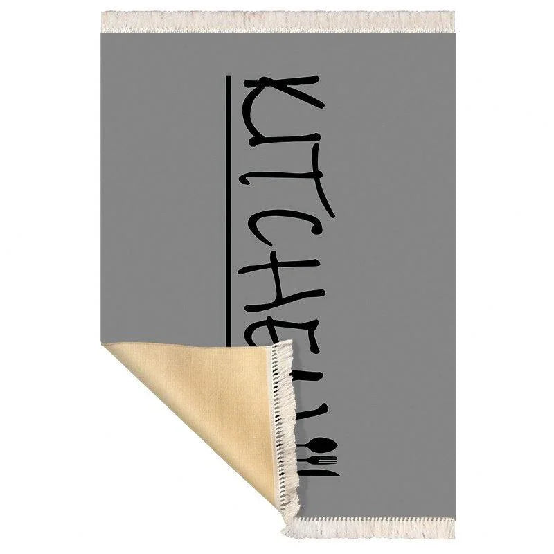 Waschbarer Küchenteppich mit „KITCHEN“-Schriftzug, grau, Fransen, rückseitig beige