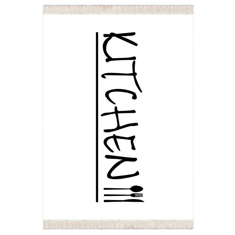 Waschbarer Küchenteppich mit „KITCHEN“-Schriftzug und Besteck-Design, ideal für moderne Küchen
