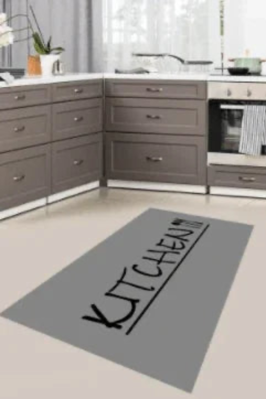Waschbarer Küchenteppich mit „KITCHEN“-Schriftzug, grau, modernes Küchen-Design