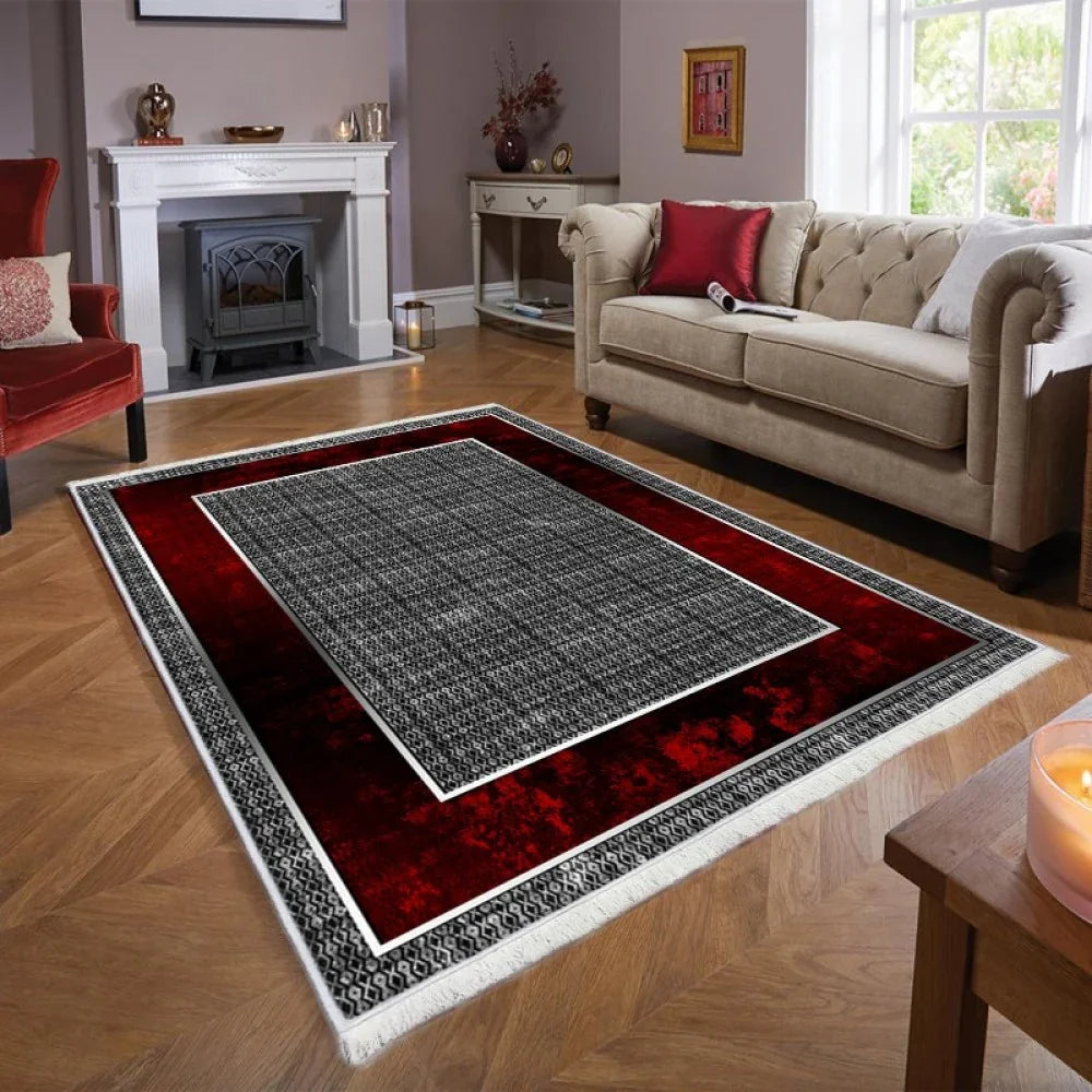 Waschbarer Teppich 841 | Klassisches Muster | Rot & Grau