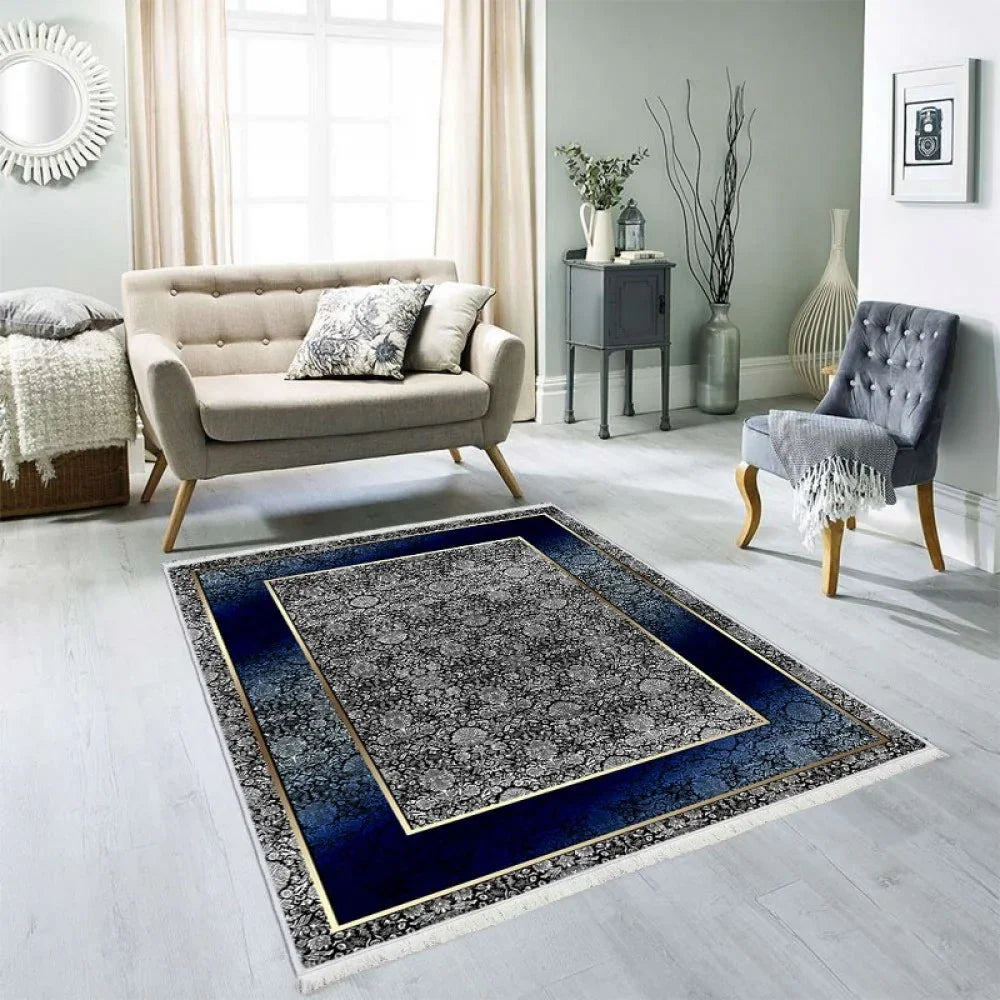 Waschbarer Teppich 842 | Klassisches Muster | Blau & Grau