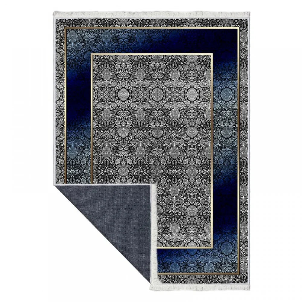 Waschbarer Teppich 842 | Klassisches Muster | Blau & Grau
