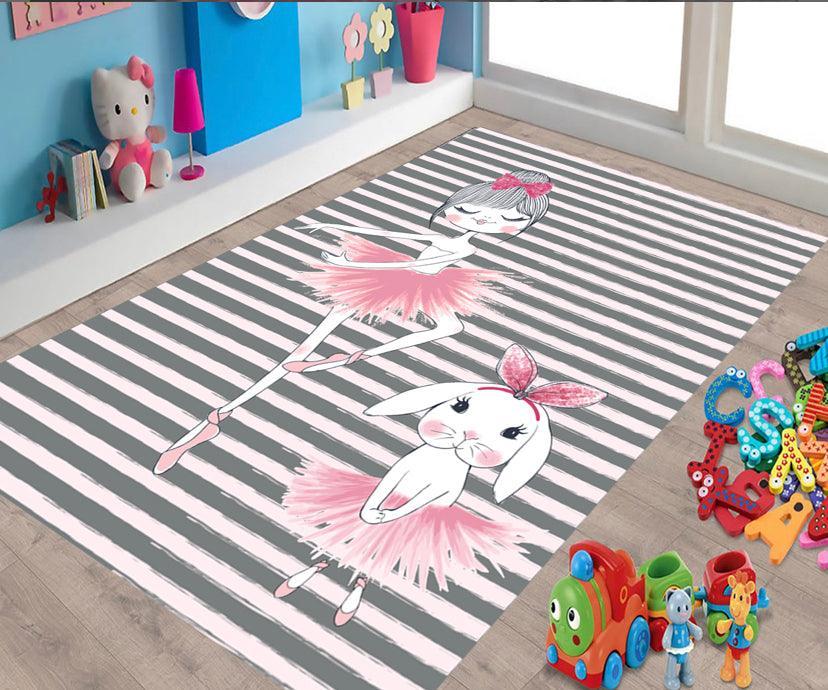 Waschbarer Kinder-Teppich mit Ballerina & Hase auf Streifen, ideal für Spielzimmer